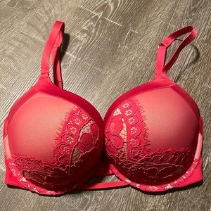 Victoria's Secret bombshell plunge bra 34 DD GUC red satin strap lace overlay